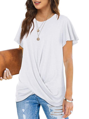Women's Solid Color Twist Front Crewneck T-shirt-kakaclo-White-S-Très Elite