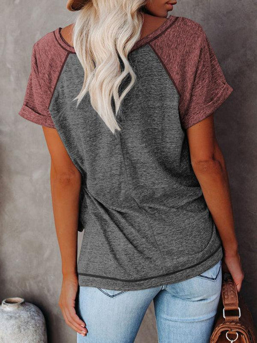 Colorblock Ladies' Stylish Short Sleeve T-Shirt with Round Neck