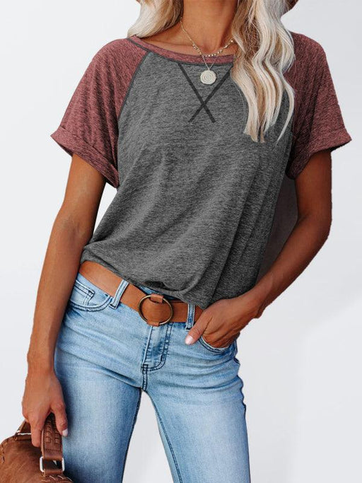 Colorblock Women's Short Sleeve Casual T-Shirt - Stylish Round Neck Top for Ladies