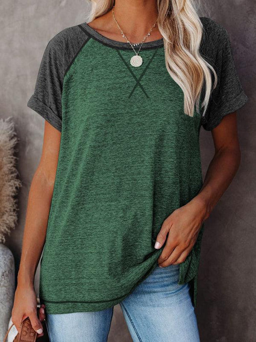 Colorblock Ladies' Stylish Short Sleeve T-Shirt with Round Neck