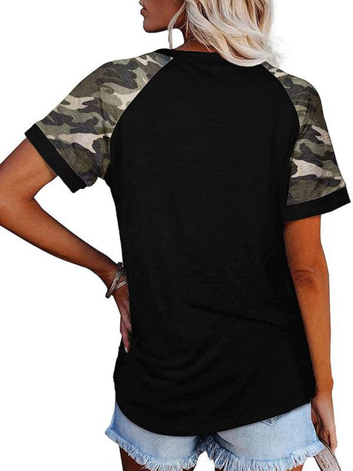 Casual Camouflage Print Round Neck Short Sleeve T-Shirt for Women