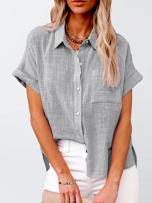 Jakoto | Women's Solid Color Button-up Blouse with Short Dolman Sleeves