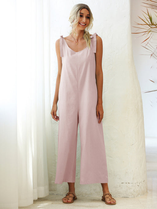 Elegant Cotton Jumpsuit with Tie Shoulders - Stylish Summer Outfit for Women
