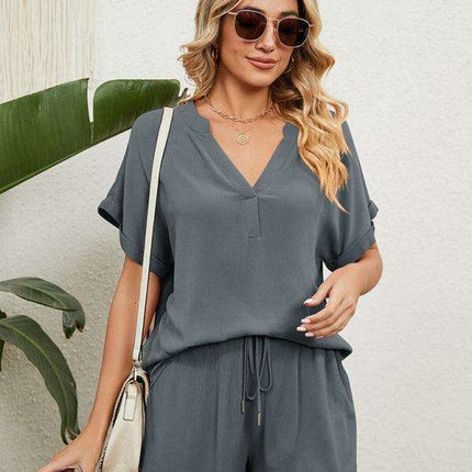 Chic Comfort Women's V-Neck Top & Shorts Ensemble - Perfect Spring-Summer Look