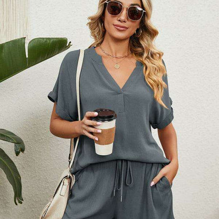 Chic Comfort Women's V-Neck Top & Shorts Ensemble - Perfect Spring-Summer Look