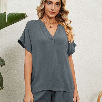 Chic Comfort Women's V-Neck Top & Shorts Ensemble - Perfect Spring-Summer Look
