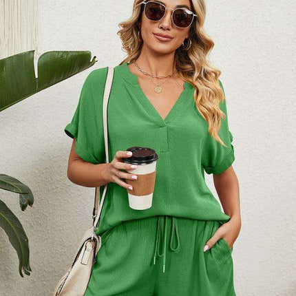 Chic Comfort Women's V-Neck Top & Shorts Ensemble - Perfect Spring-Summer Look