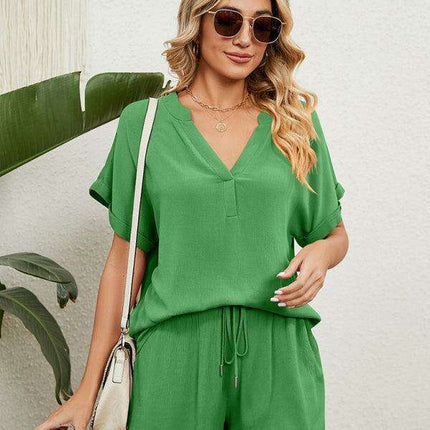 Chic Comfort Women's V-Neck Top & Shorts Ensemble - Perfect Spring-Summer Look