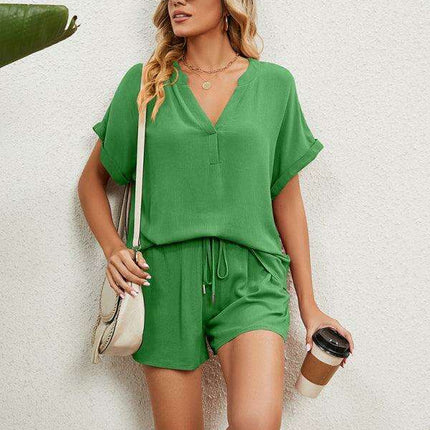 Chic Comfort Women's V-Neck Top & Shorts Ensemble - Perfect Spring-Summer Look