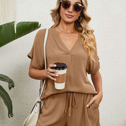 Chic Comfort Women's V-Neck Top & Shorts Ensemble - Perfect Spring-Summer Look