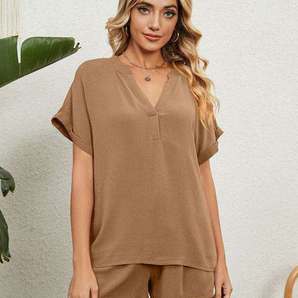 Chic Comfort Women's V-Neck Top & Shorts Ensemble - Perfect Spring-Summer Look