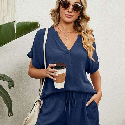 Chic Comfort Women's V-Neck Top & Shorts Ensemble - Perfect Spring-Summer Look