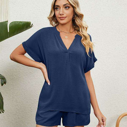 Chic Comfort Women's V-Neck Top & Shorts Ensemble - Perfect Spring-Summer Look