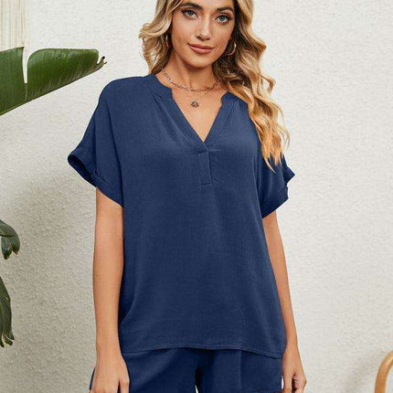 Chic Comfort Women's V-Neck Top & Shorts Ensemble - Perfect Spring-Summer Look