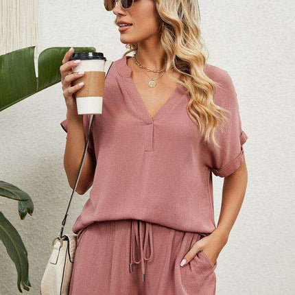 Chic Comfort Women's V-Neck Top & Shorts Ensemble - Perfect Spring-Summer Look