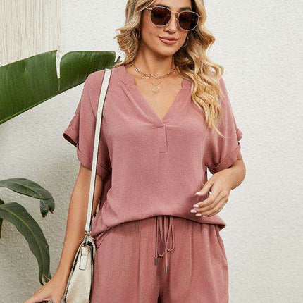 Chic Comfort Women's V-Neck Top & Shorts Ensemble - Perfect Spring-Summer Look