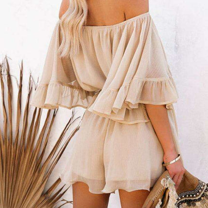 Elegant Off-The-Shoulder Seersucker Mesh Romper - Women's Lightweight Jumpsuit