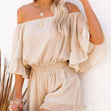 Elegant Off-The-Shoulder Seersucker Mesh Romper - Women's Lightweight Jumpsuit