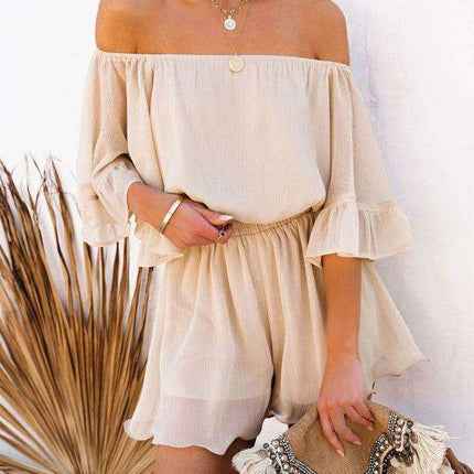 Elegant Off-The-Shoulder Seersucker Mesh Romper - Women's Lightweight Jumpsuit