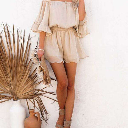 Elegant Off-The-Shoulder Seersucker Mesh Romper - Women's Lightweight Jumpsuit