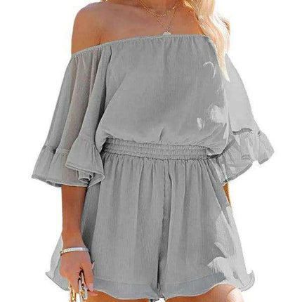 Elegant Off-The-Shoulder Seersucker Mesh Romper - Women's Lightweight Jumpsuit