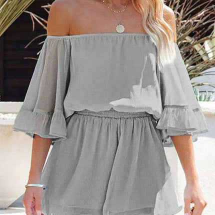 Elegant Off-The-Shoulder Seersucker Mesh Romper - Women's Lightweight Jumpsuit