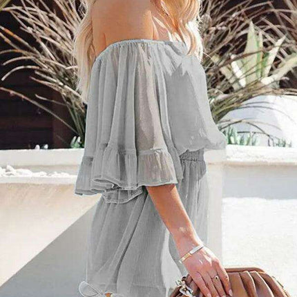 Elegant Off-The-Shoulder Seersucker Mesh Romper - Women's Lightweight Jumpsuit