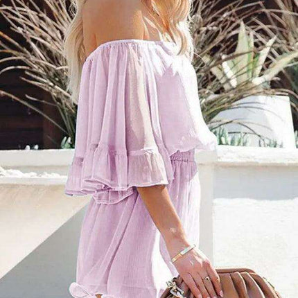 Elegant Off-The-Shoulder Seersucker Mesh Romper - Women's Lightweight Jumpsuit