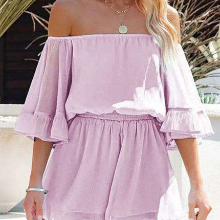 Elegant Off-The-Shoulder Seersucker Mesh Romper - Women's Lightweight Jumpsuit