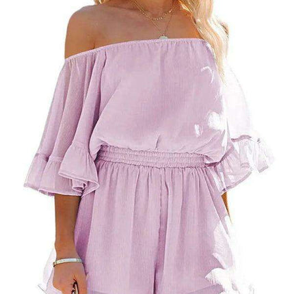 Elegant Off-The-Shoulder Seersucker Mesh Romper - Women's Lightweight Jumpsuit
