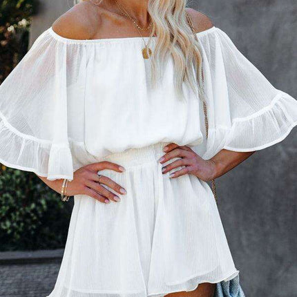 Elegant Off-The-Shoulder Seersucker Mesh Romper - Women's Lightweight Jumpsuit
