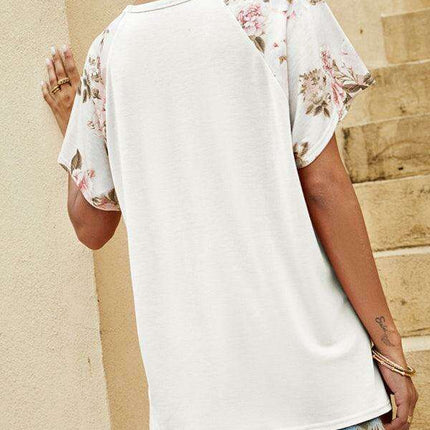 Blossom Breeze: Women's Elegant Floral Flutter Sleeve Top with Stylish Contrast Panel