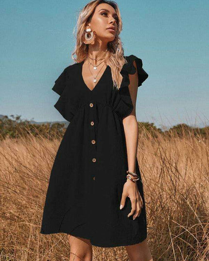 Chic Cotton A-Line Dress with Stylish Lotus Leaf Sleeves - Perfect for Every Occasion