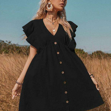 Chic Cotton A-Line Dress with Stylish Lotus Leaf Sleeves - Perfect for Every Occasion