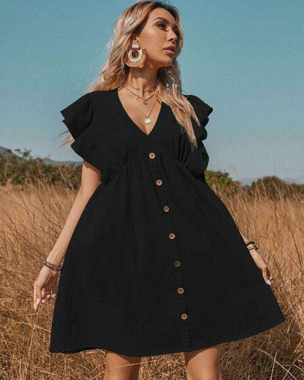 Chic Cotton A-Line Dress with Stylish Lotus Leaf Sleeves - Perfect for Every Occasion