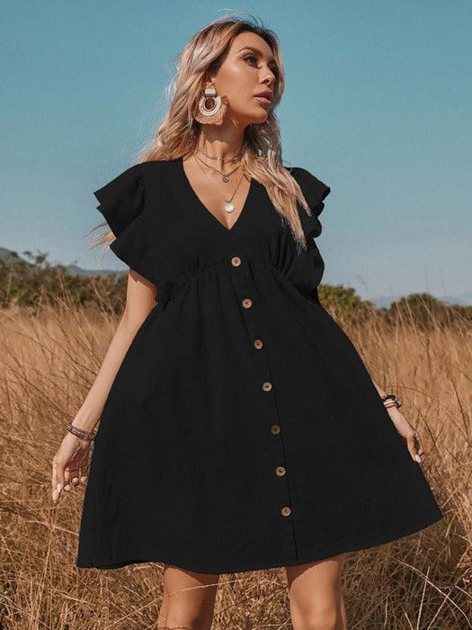 Women's woven v-neck button-up large swing A-shaped small flying sleeve dress-Clothing, Shoes & Accessories›Women›Clothing›Dresses›Casual-kakaclo-Black-XS-Très Elite