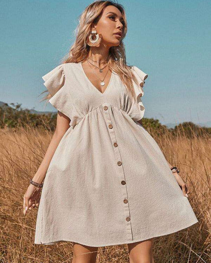 Chic Cotton A-Line Dress with Stylish Lotus Leaf Sleeves - Perfect for Every Occasion