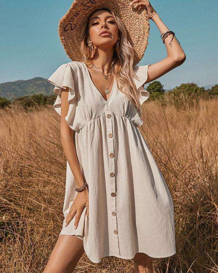 Chic Cotton A-Line Dress with Stylish Lotus Leaf Sleeves - Perfect for Every Occasion