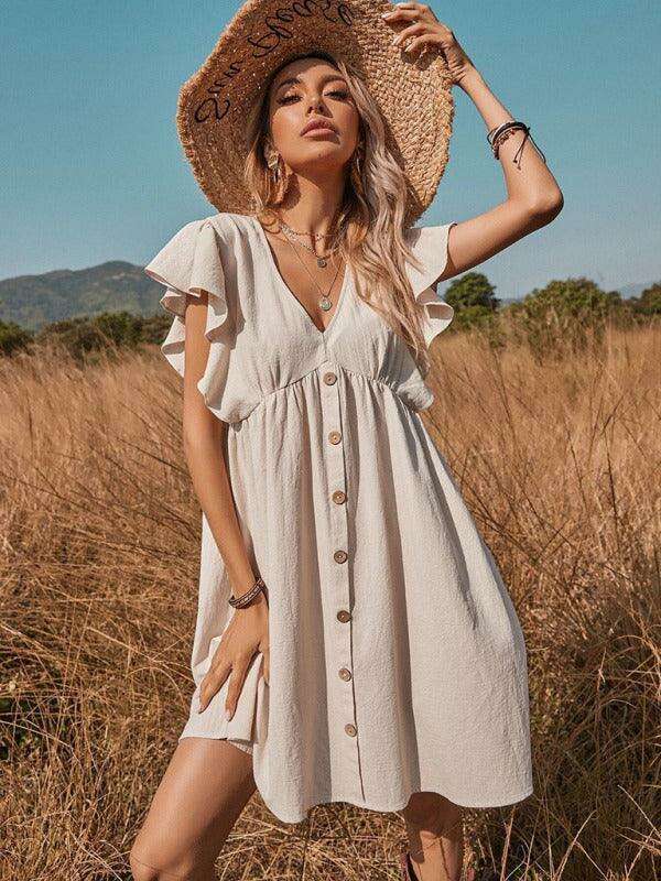 Chic Cotton A-Line Dress with Stylish Lotus Leaf Sleeves - Perfect for Every Occasion