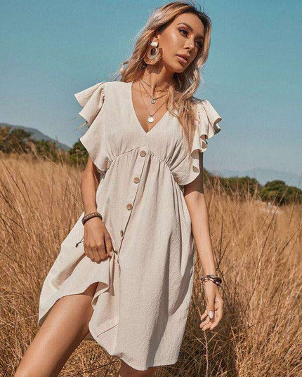 Chic Cotton A-Line Dress with Stylish Lotus Leaf Sleeves - Perfect for Every Occasion