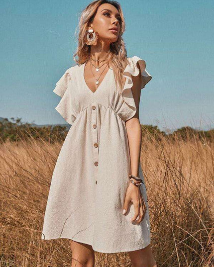 Chic Cotton A-Line Dress with Stylish Lotus Leaf Sleeves - Perfect for Every Occasion