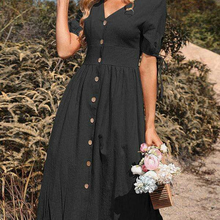 Sophisticated Short-Sleeve V-neck A-line Dress for Women - Fashion Statement by Jakoto