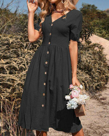 Sophisticated Short-Sleeve V-neck A-line Dress for Women - Fashion Statement by Jakoto