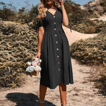 Sophisticated Short-Sleeve V-neck A-line Dress for Women - Fashion Statement by Jakoto