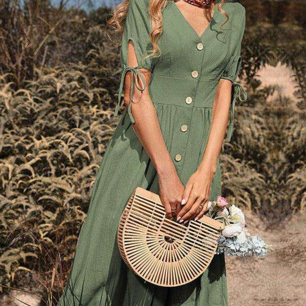 Sophisticated Short-Sleeve V-neck A-line Dress for Women - Fashion Statement by Jakoto