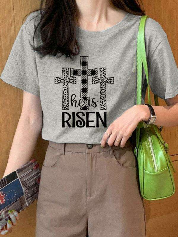Chic Women's 'He Has Risen' Graphic Tee for a Stylish Easter Celebration
