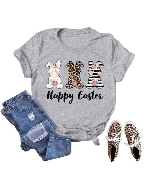 Women's Graphic Print Happy Easter Bunny T-shirt-kakaclo-Grey-S-Très Elite