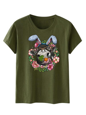Women's Floral Print Graphic Happy Easter Rabbit Print Short Sleeve T-shirt-kakaclo-Olive green-S-Très Elite