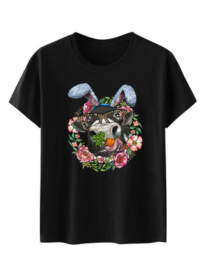 Women's Floral Print Graphic Happy Easter Rabbit Print Short Sleeve T-shirt-kakaclo-Black-S-Très Elite
