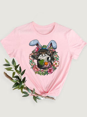 Women's Floral Print Graphic Happy Easter Rabbit Print Short Sleeve T-shirt-kakaclo-Pink-S-Très Elite